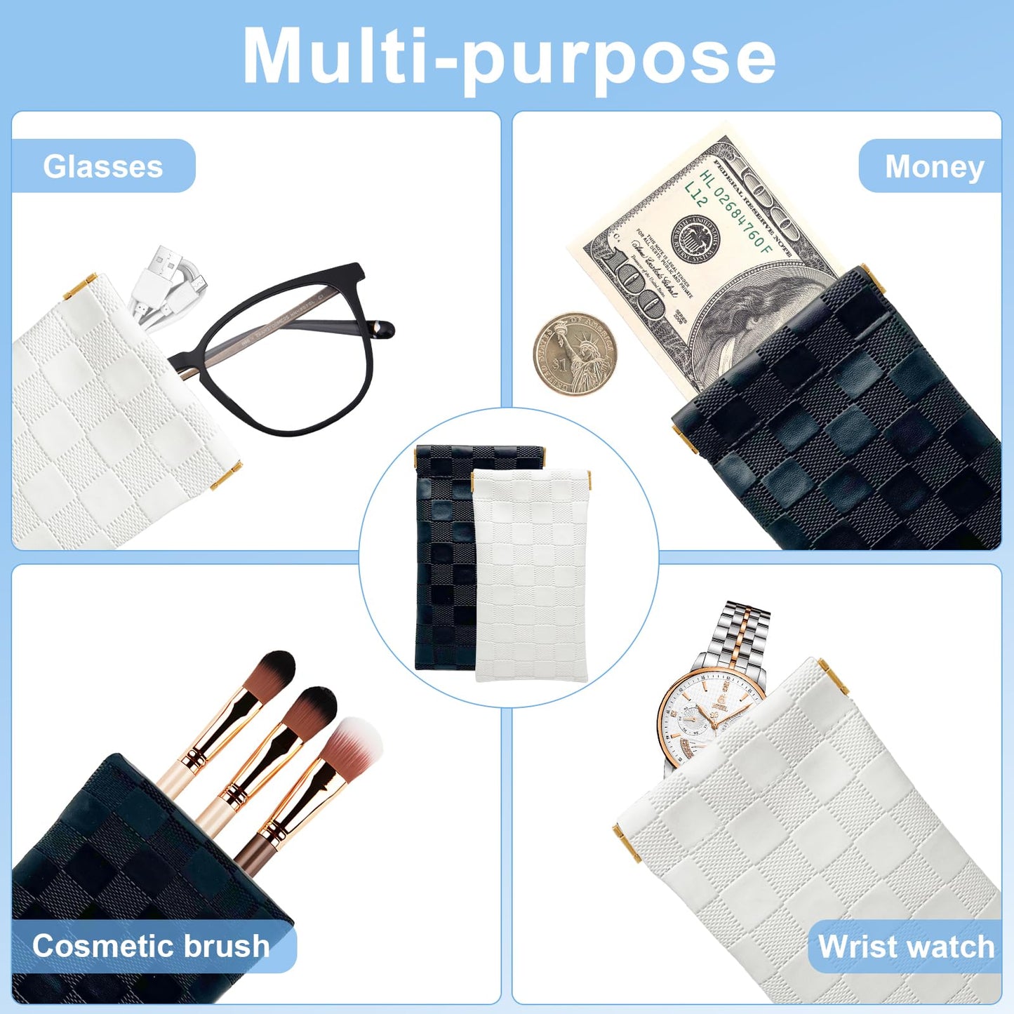 4PCS Small Makeup Bag for Purse, Mini Leather Pocket Cosmetic Bag for Women, Waterproof Portable Makeup Pouch No Zipper Coin Purse Lipstick Bag Accessories, Checkered Travel Storage Bag(White, Black)