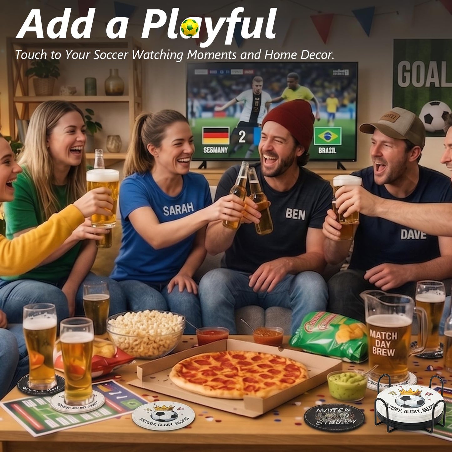 BEADJONE 6 Pack Soccer Coasters for Drinks Set, 3.9" Leather Football Coasters with Holder, Waterproof Tabletop Protection for Home Bar Watch Parties & Game Day Decor, Sports Fans Gifts