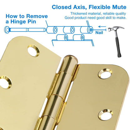 18 Pack Interior Door Hinges Polished Brass 3.5 inch X 3-1/2" 5/8 Radius,3 ½"Gold Round Standard Hinge for Single Doors DIY Assembly Bi-fold Table Hardware Kit House Accessories Home Eseentials