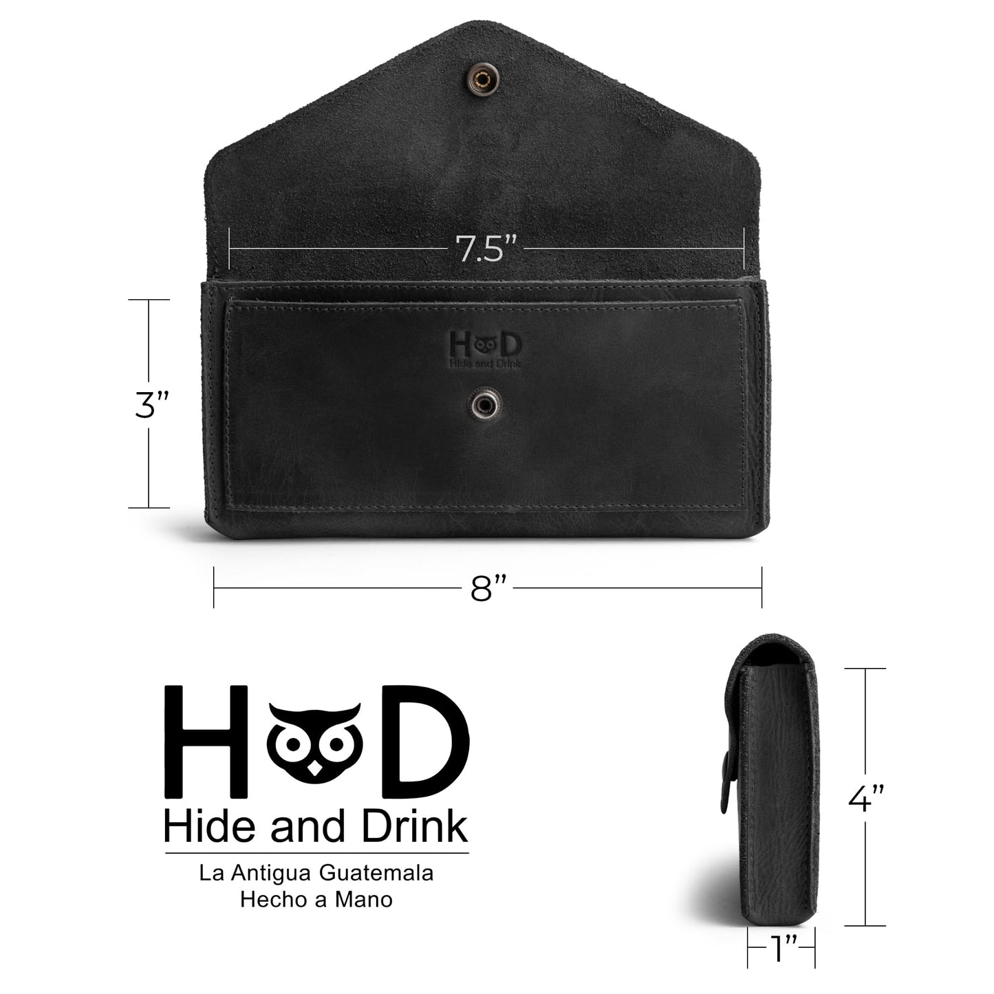 Hide & Drink, Full Grain Leather Large Female Wallet, Travel Organizer for Women, Vintage Money and Card Holder, Handmade, Charcoal Black