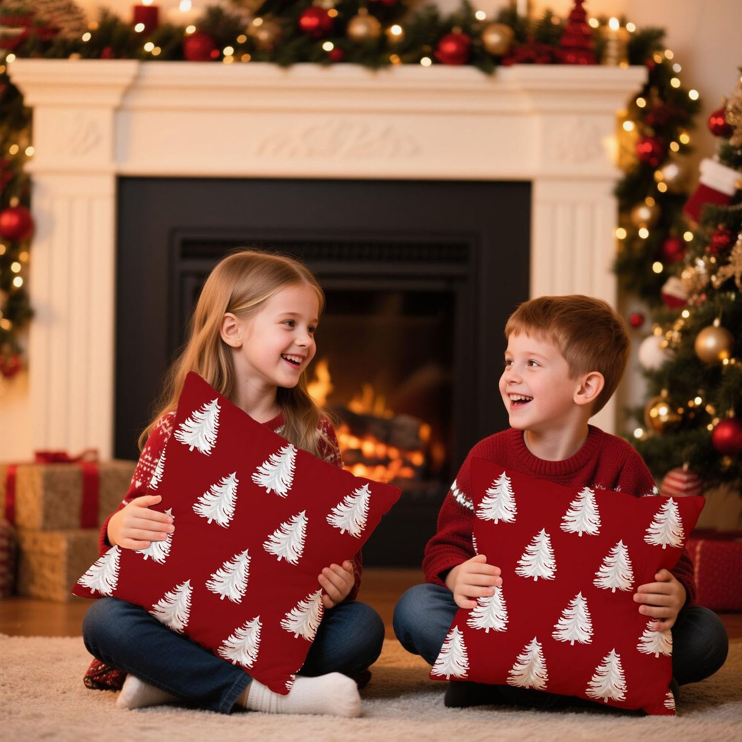 Artmag Christmas Pillow Covers 24x24 Inch Set of 2 Decorative Xmas Tree Red Throw Pillow Covers for Winter Holiday Decoration Coach Sofa Living Room