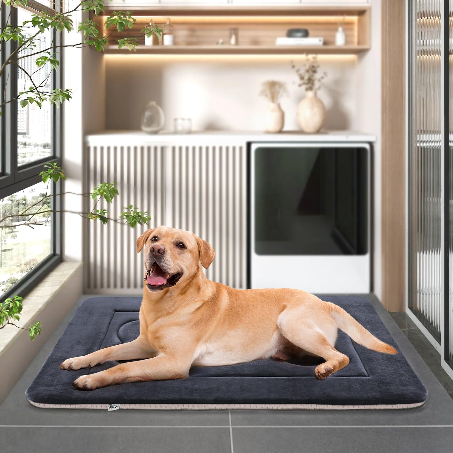 JoicyCo Large Dog Bed Soft Dog Crate Pad Mat, 42 in Non-Slip Bottom Washable Dog Sleeping Mattress Pet Beds Cat Bed Kennel Pad, Dark Blue Gray
