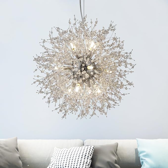 Firework Modern Chandeliers, 12 Lights Crystal Sputnik Chandeliers for Entryway, Dandelion Chandelier Chrome Ceiling Light Fixture for Hallway, Living Room