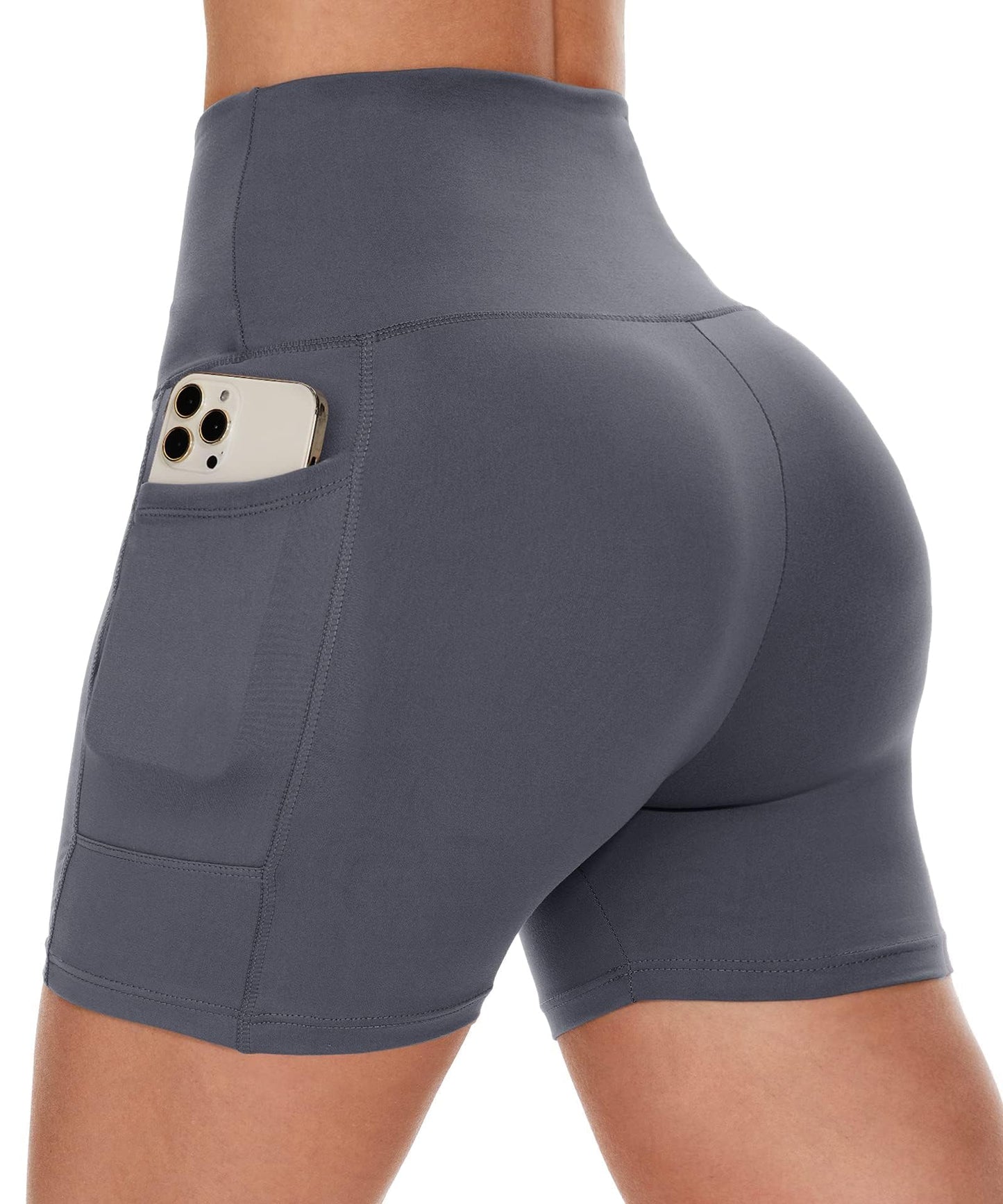 CAMPSNAIL Biker Shorts Women with Pockets - 3"/5"/8" High Waisted Workout Spandex Tummy Control Gym Running Yoga Shorts Dark Grey