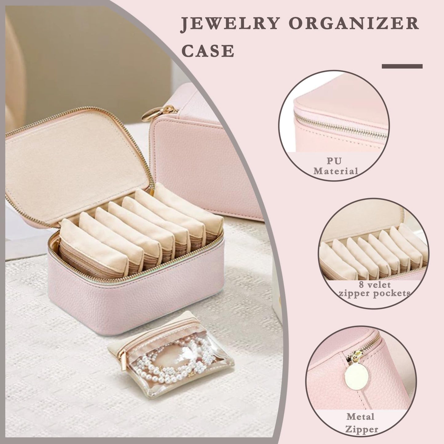 Jeonnfp Jewelry Box Organizer for Women,Small Travel Jewelry Case,Mini Travel Jewelry Organizer with 8 Velvet Jewelry Zipper Pouches, Jewelry Box Organizer for Christmas Birthday(Pink)