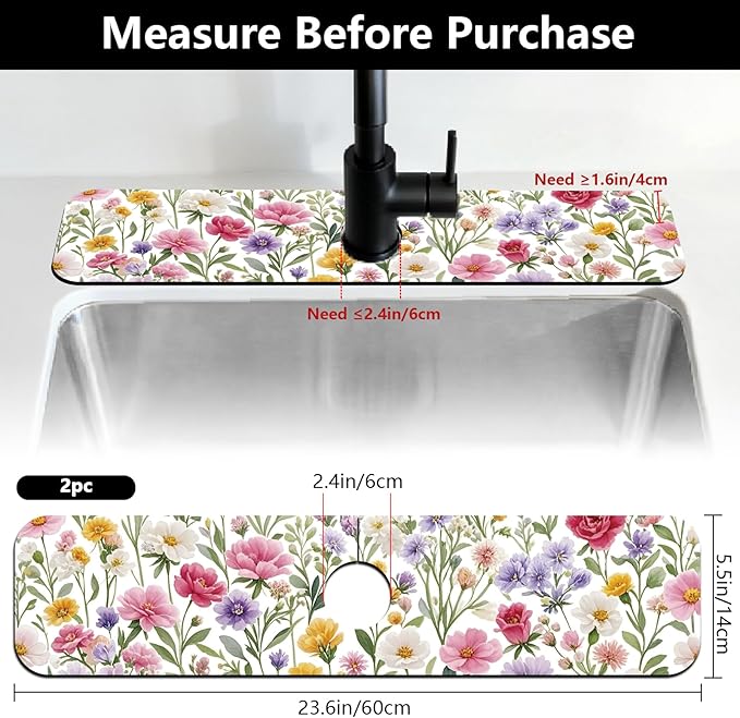 2 Pcs Kitchen Sink Splash Guard Faucet Mats Colorful Watercolor Flowers and