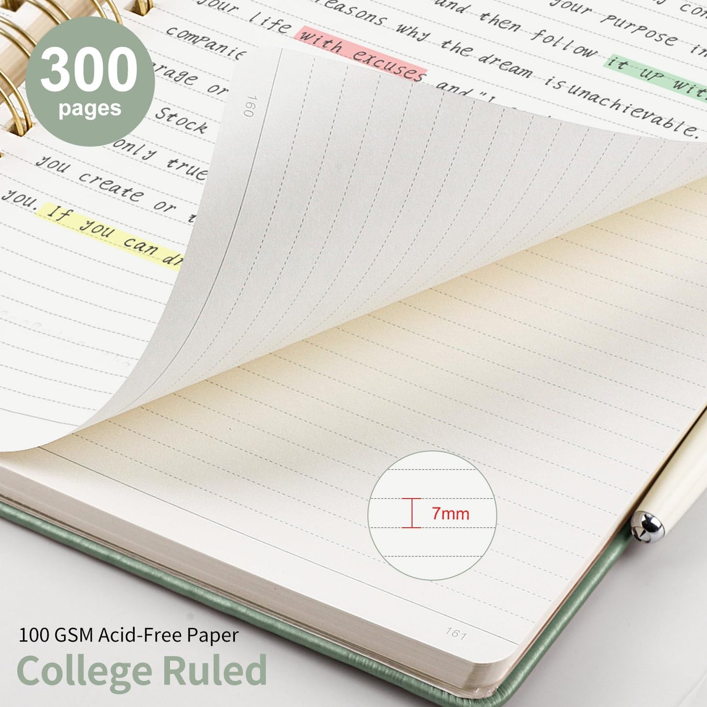 EMSHOI B5 College Ruled Spiral Notebook, Thick 300 Numbered Pages, 100GSM Ink-Proof PU Leather Hardcover Lay-Flat Lined Journal for Work Office School Writing, 7.48"x10.15", Light Green