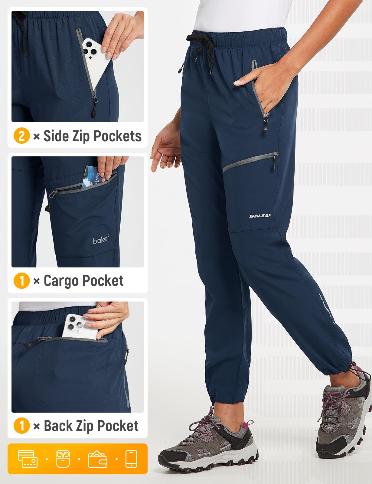 BALEAF Women's Hiking Pants Quick Dry Water Resistant Lightweight Joggers Pant for All Seasons Elastic Waist Navy Blue Size S, Capri
