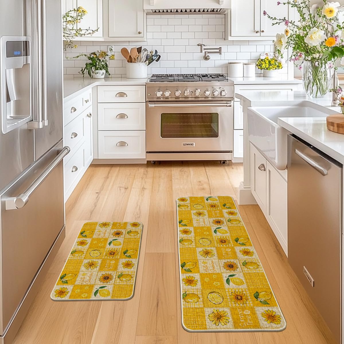 Artoid Mode Plaid Lemon Sunflower Summer Kitchen Mats Set of 2, Seasonal Low-Profile Home Decor Kitchen Rugs for Floor - 17x29 and 17x47 Inch
