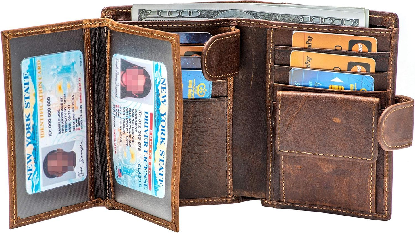 Plinvo Mens Large RFID Blocking Genuine Leather Wallet Trifold Card Holder with Snap Closure and 3 ID Windows (Coffee)
