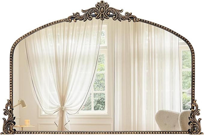Growsun Vintage Black Arched Mirror, 40’’x30’’ Antique Baroque Ornate Wall Mirror Decor with Full Metal Frame for Fireplace/Entryway/Living Room/Bathroom