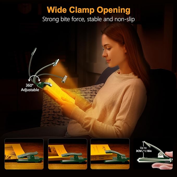 Gritin 19 LED Rechargeable Book Light for Reading in Bed with Memory Function- Eye Caring 3 Color Temperatures,Stepless Dimming Brightness,80 Hrs Runtime Clip on Light for Book Lovers-Dark Green