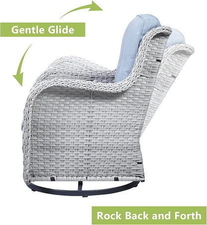 Patio Furniture Swivel Chairs Set - 5 Piece Rattan Wicker Outdoor Sectional Conversation Sets with 2 Swivel Rocking Chairs,2 Ottomans and 1 Side Table for Porch Deck Garden(Light Grey/Sky Blue)