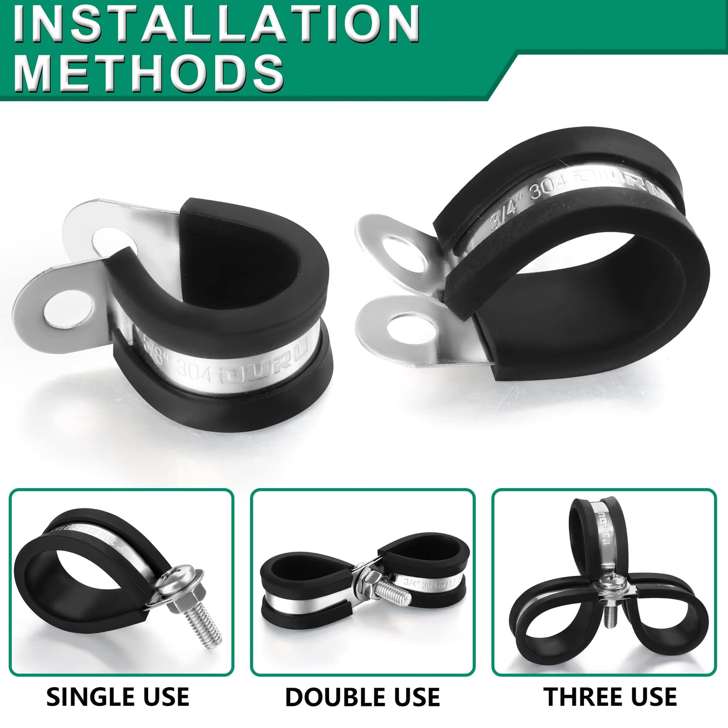 OURU 20pcs 5/8 Inch Stainless Steel Cable Clamps,Rubber Coated Cushioned Insulated Cable Clamp,Automotive Cable Wire Clamps,Pipe Clamps,Metal Clamp for Tube,Lines,Wire Cord Installation(Black,16mm)