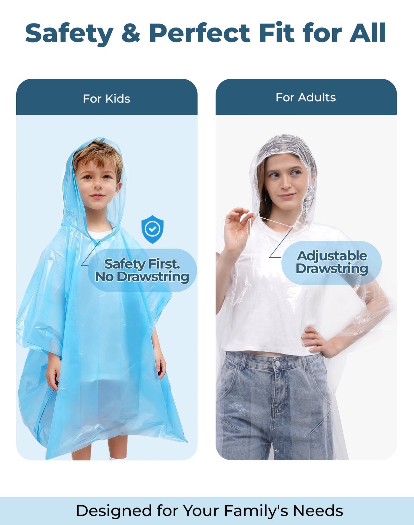 SANXINHT Disposable Rain Poncho Family 10 Pack for Adults & Kids with Hood - 2X-Thicker for Theme Parks, Travel & Outdoors