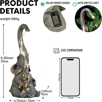 Elephant Statue with Solar Watering Lights, Outdoor Garden Decor for Patio, Yard, Lawn, Unique Gifts for Women, Mom – Resin Elephant Sculpture (Dark Grey Two Elephants)