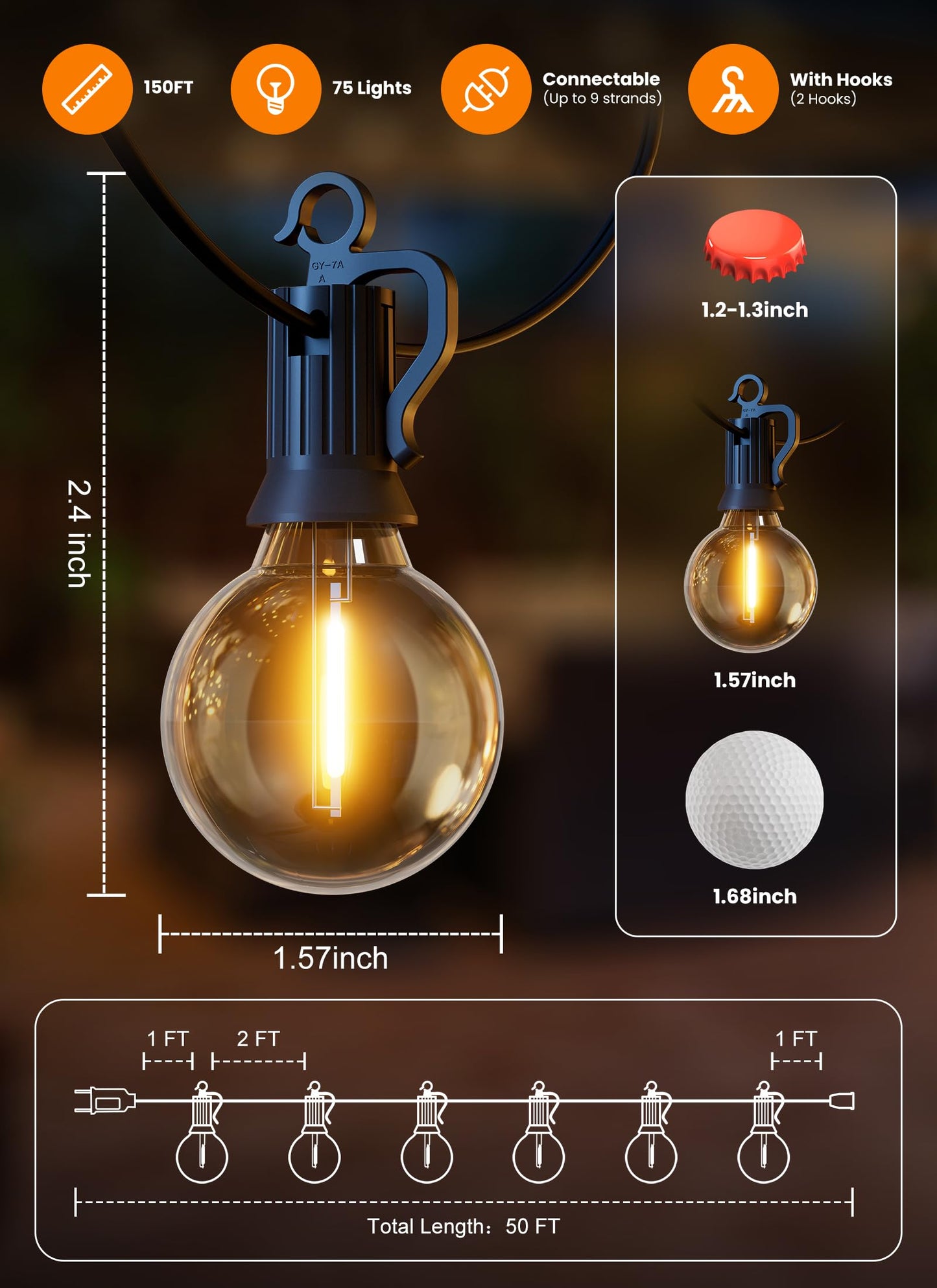 SmartDawn 150FT 77 LED Outdoor String Lights, G40 Shatterproof String Lights, IP65 Waterproof Connectable Outside Patio Light for Backyard Porch Balcony Garden Decor Christmas Camping Gazebo