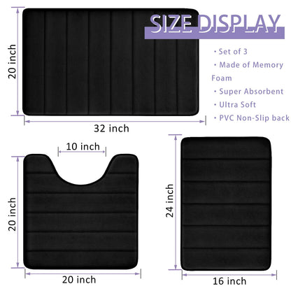 Bathroom Rugs Set Memory Foam Bath Rugs Non-Slip Bath Mat Set 3 Piece,Washable Bathroom Mats,Absorbent Shaggy Rugs Super Soft U-Shaped Toilet Rug,Bahroom Carpets for Bathroom,Tub,Shower（Black）