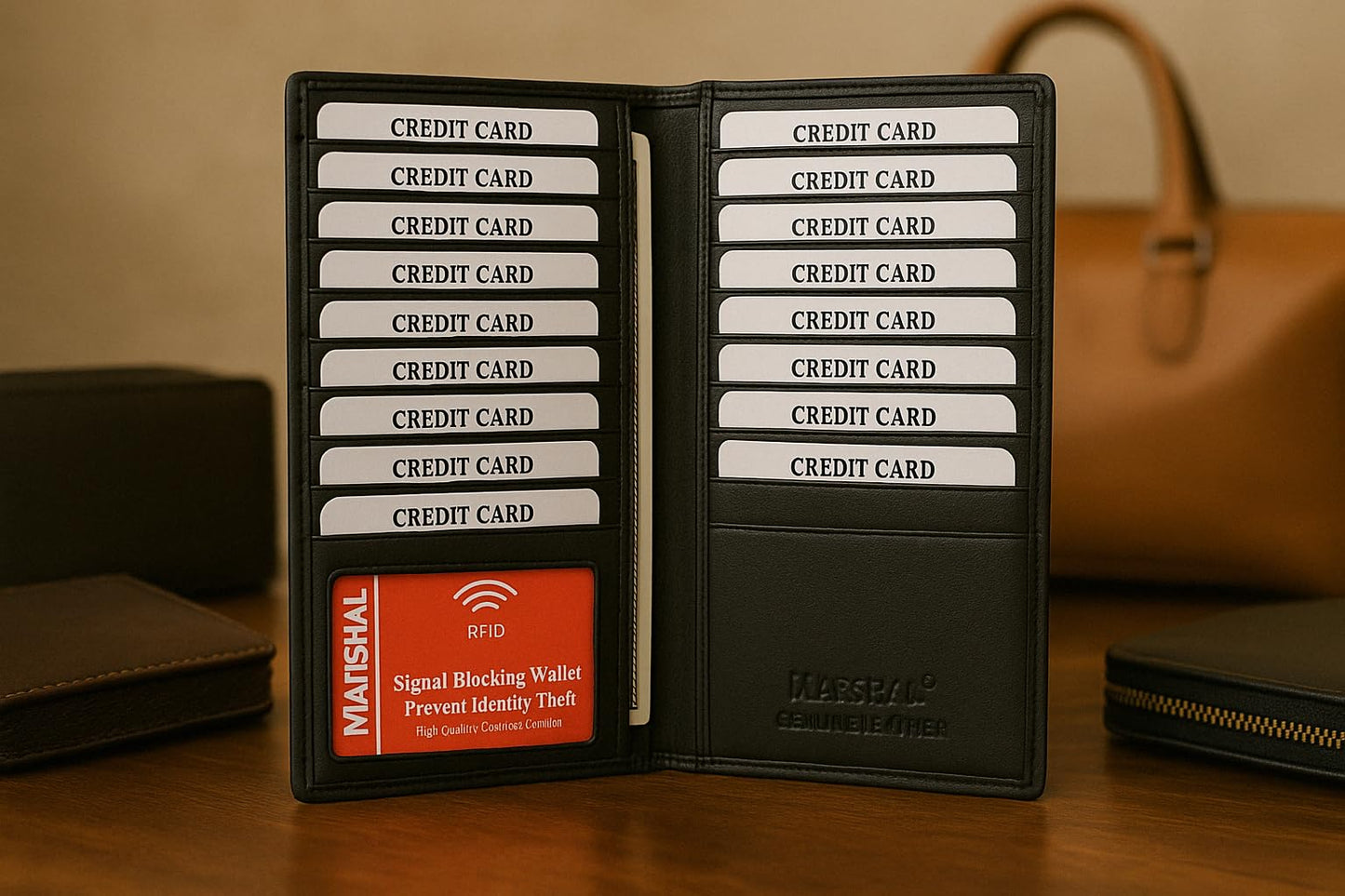 Marshal Bifold Leather RFID Blocking Wallet For Men & Women | Genuine Leather Holder With 19 Slots, 2 Bill Compartments & ID Window For Credit/Debit Cards, Money & More (Black)