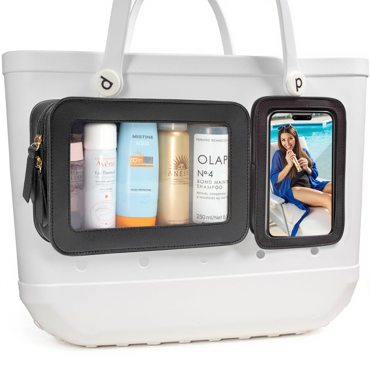 LETGO Clear Insert Bag for Bogg Bag Accessories - 2 Packs Leather Zipper Insert Pouch for Bogg Tote Travel Makeup Clean Toiletry Handbag Organizer Cosmetic Divider Storage Inner Pouch (Black)