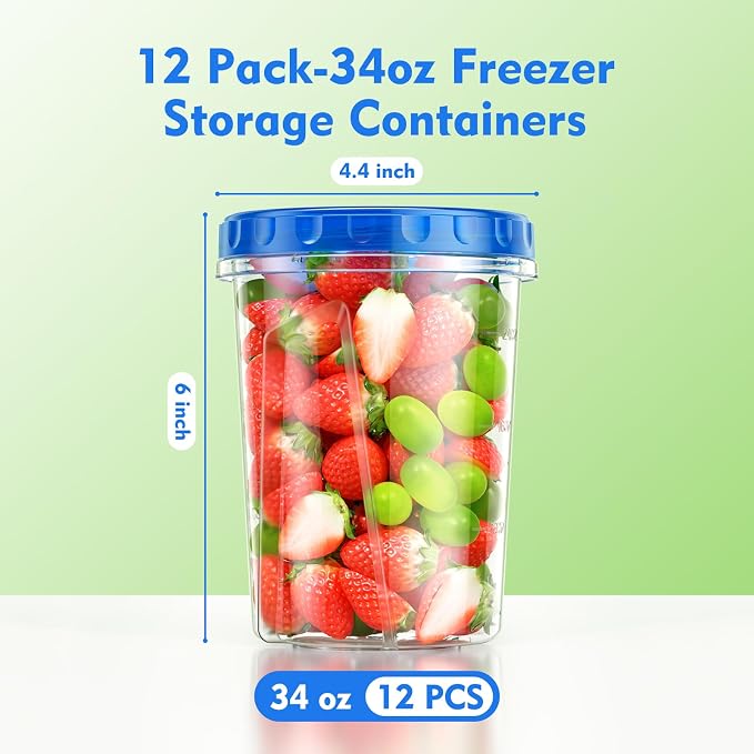 BiuLeon [12 Pack-34oz Freezer Storage Containers, Plastic Soup Containers with Lids, BPA Free Food Storage Containers with Twist Top Lids, Reusable Meal Prep Containers