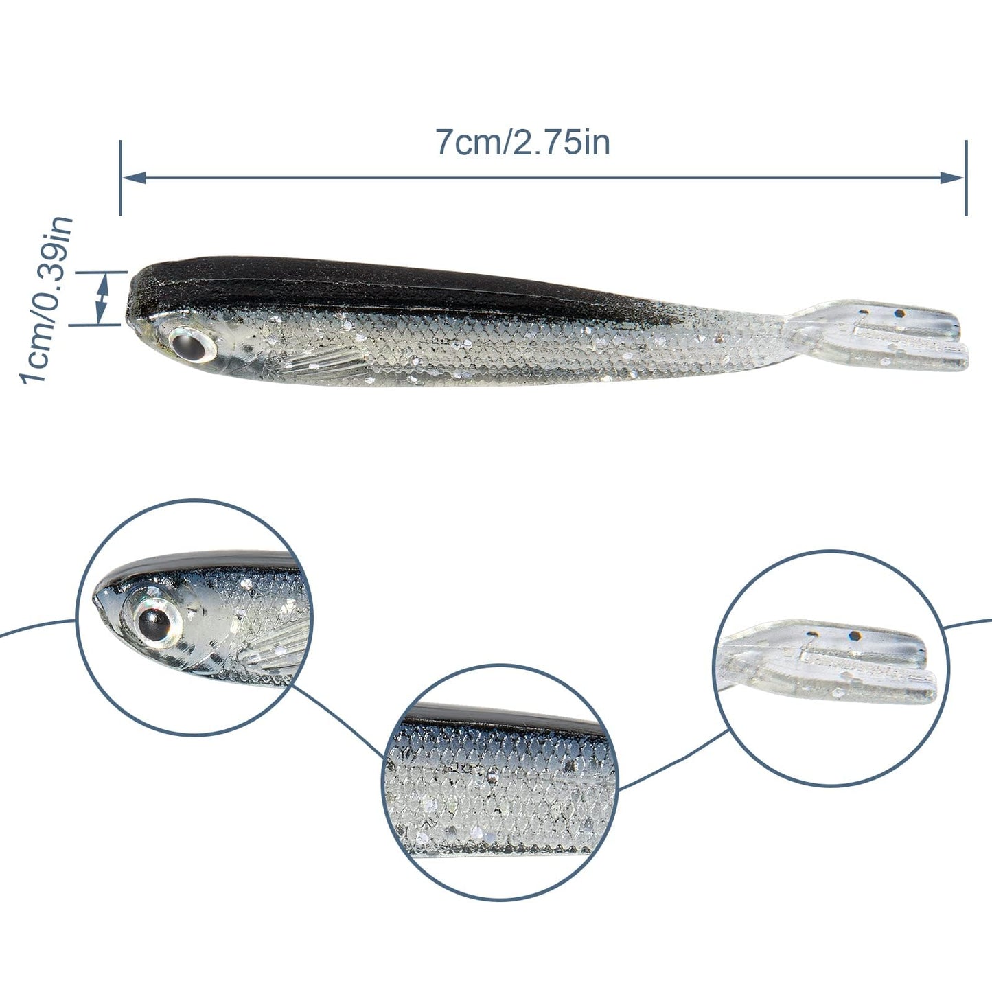 Syosisny 50 PCS Plastic Soft Fishing Lure, Lifelike Forked Tail Minnow, Fishing Baits Tackle for Saltwater and Freshwater Bass, Crappie, Walleye, or Trout Lures