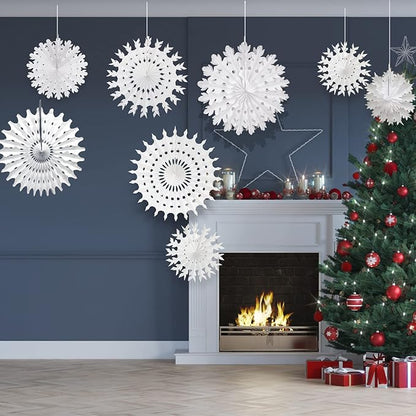 CHRORINE 16 Pcs Christmas Winter White Paper Snowflake Decorations, Christmas Snowflakes Hanging Decoration, Frozen Birthday Party Supplies Winter Wonderland Party Decorations (Mixed 7.8"-20")