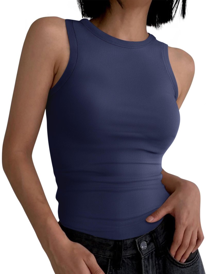 ANRABESS Womens Sleeveless High Neck Tank Tops Fashion Summer Casual Basic Slim Fit Ribbed Racerback Top Shirt Clothes Deep Blue-XXL
