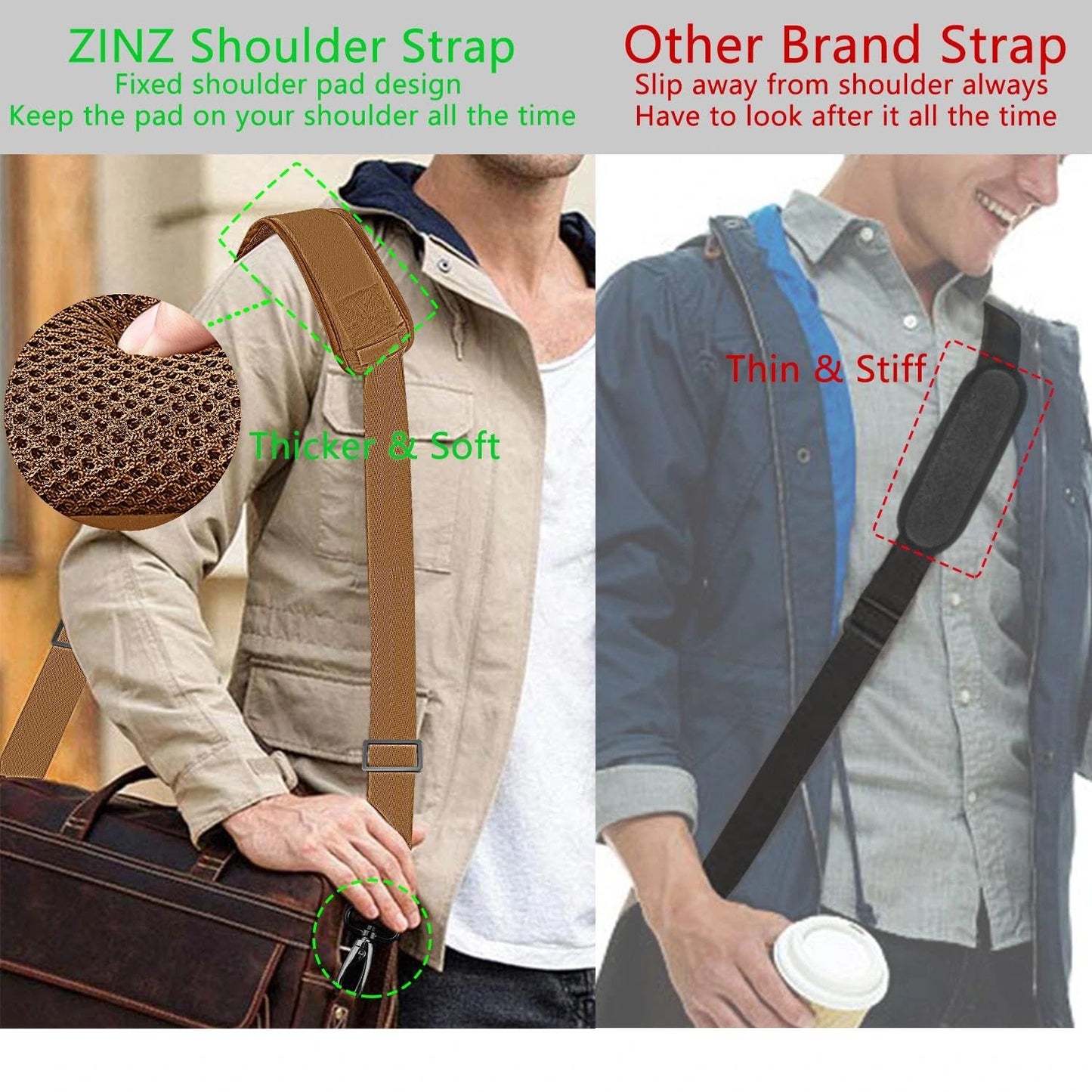 ZINZ 79 inch Shoulder Strap, Extra-thick Fixed Cushion Pad and Dual Clasps Universal Replacement Strap with Metal Swivel Hooks for Laptop Bags, Luggage Bags, Camera, Crossbody(Khaki)