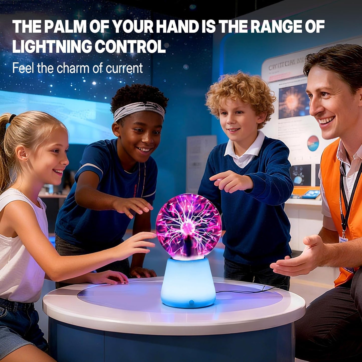 Xsnzdq Plasma Ball Lamp 3-Inch, Touch Reactive Lightning Globe, USB-C Powered Electric Plasma Ball, 7-Color LED Base Night Light, Interactive STEM Science Toy, Desk Decor Gift