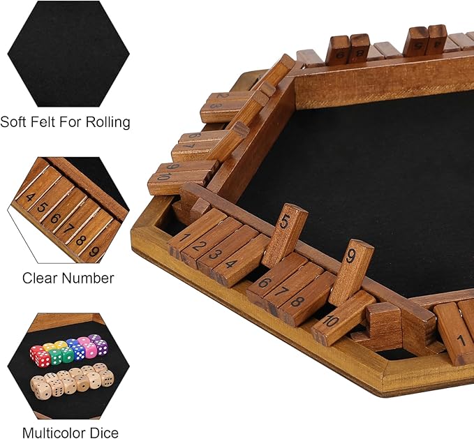 Upgraded 1-6 Player Shut The Box Dice Game with 12 Dice+Bonus Wooden 12 Dice Classic Wooden Board Table Math Game for AdultsKids/Tabletop Board Games for ClassroomHomeParty or Pub