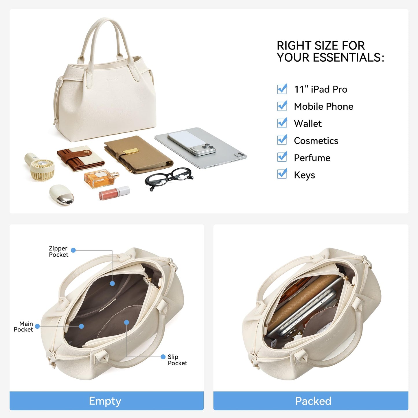 BOSTANTEN Silk Scarf Satchel bags Vegan Leather Purses for women Medium Work Tote bag with Removable Strap Off White