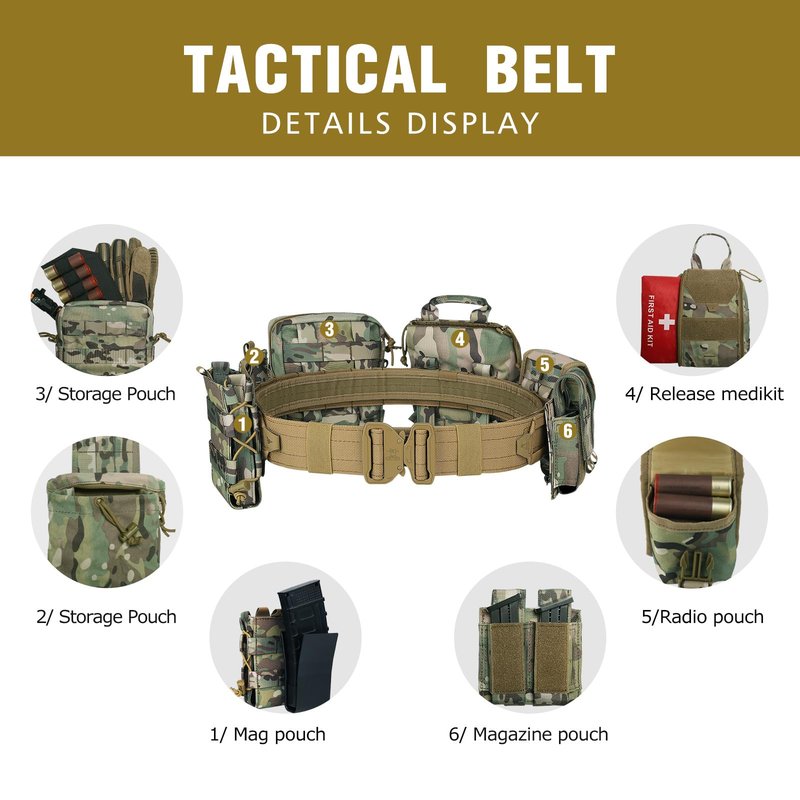 PIKEON Tactical Belt Battle Law Enforcement Molle Airsoft Duty Belt Quick-Release with Pouches 8 in 1 (CAMOU)