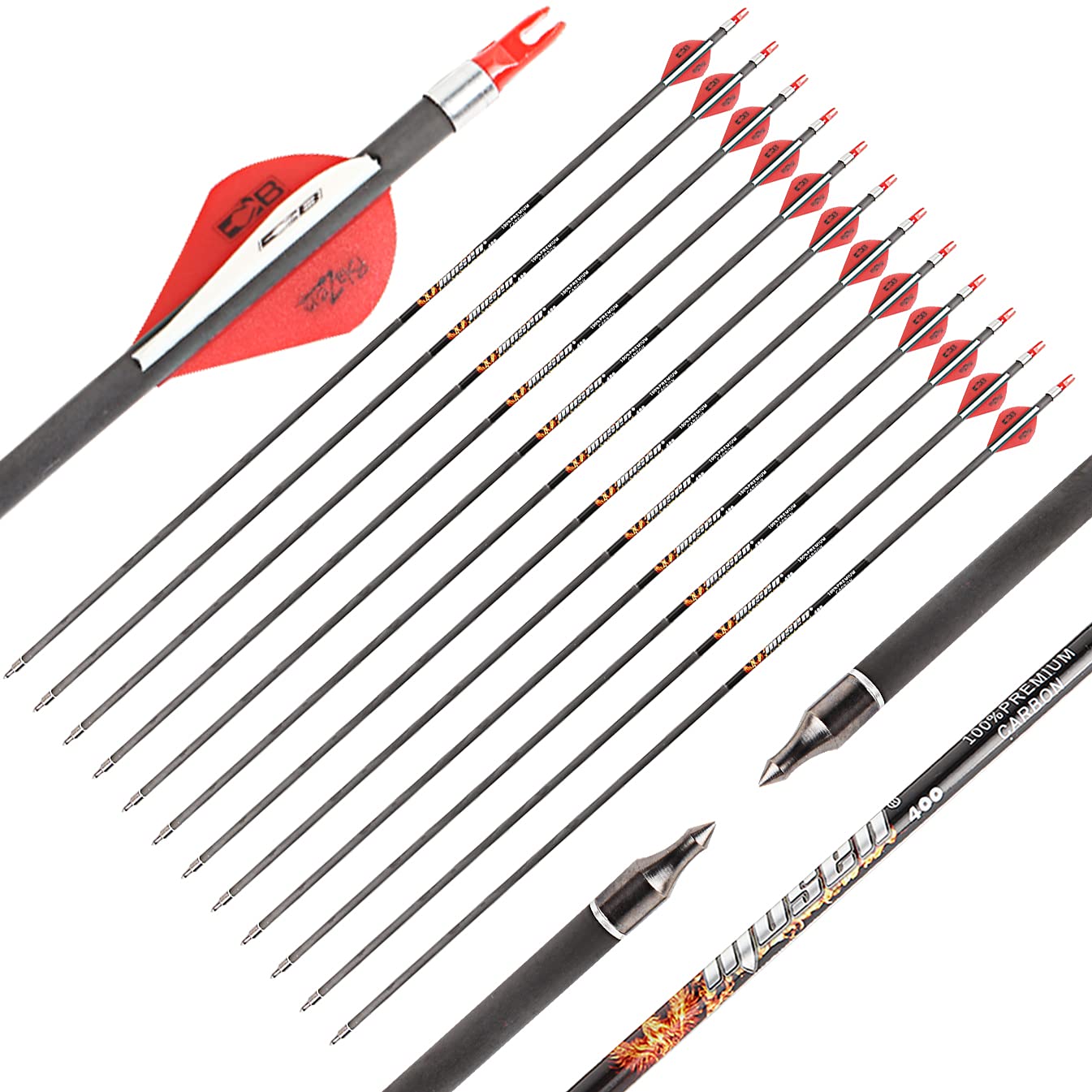 Musen Pure Carbon 30 inch Arrows Hunting Arrows for Recurve Bow,100% Carbon Archery Target Arrows with Removable Tips for Youth Hunters & Bowhunters (Pack of 12) (SP400)