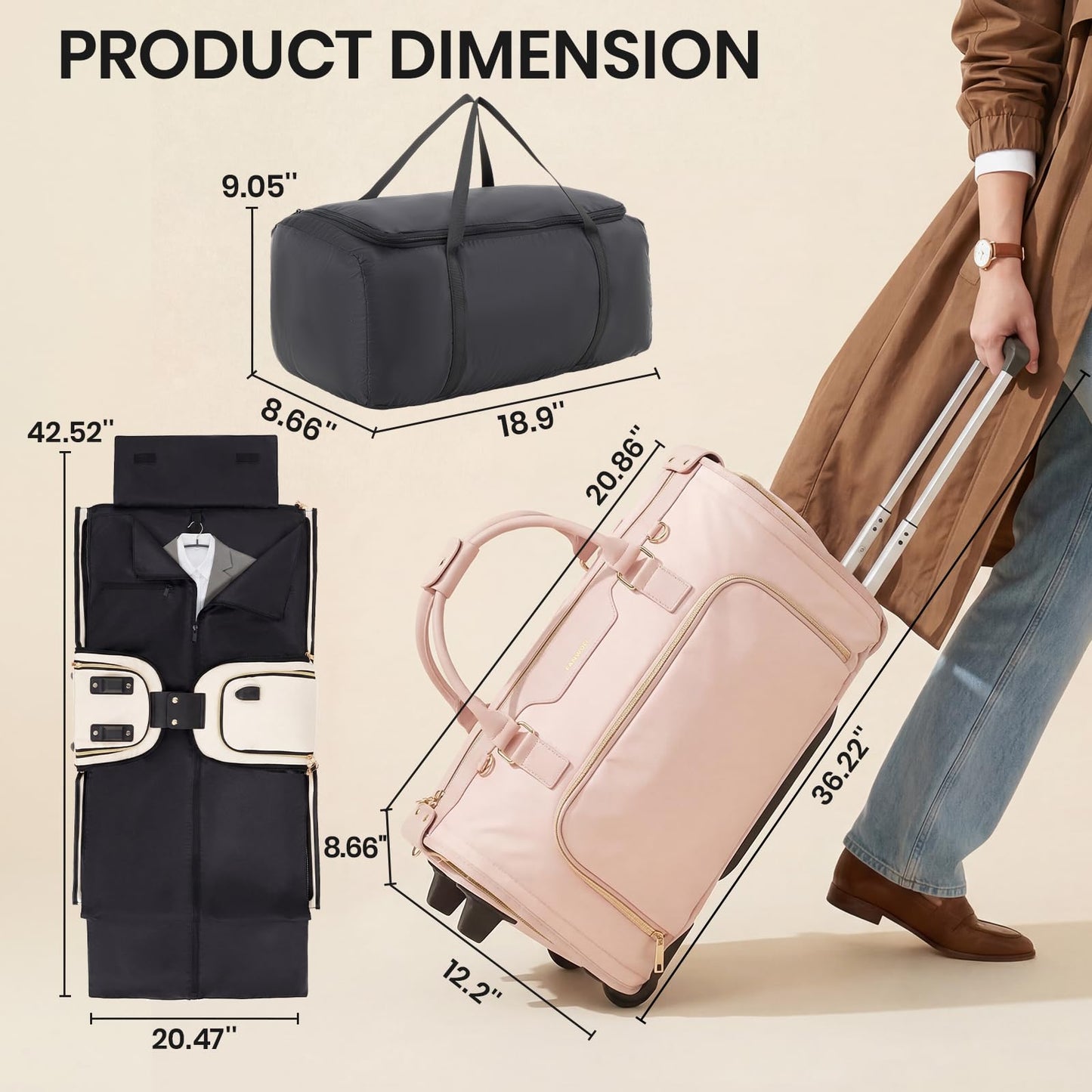 Fanwoli Carry-On Rolling Garment Bag for Travel, 3-in-1 Wheeled Luggage with Shoe Storage & Detachable Organizer, Convertible Duffel Bag for Men Women Business Trips Weekender, Wrinkle-Free (Pink)