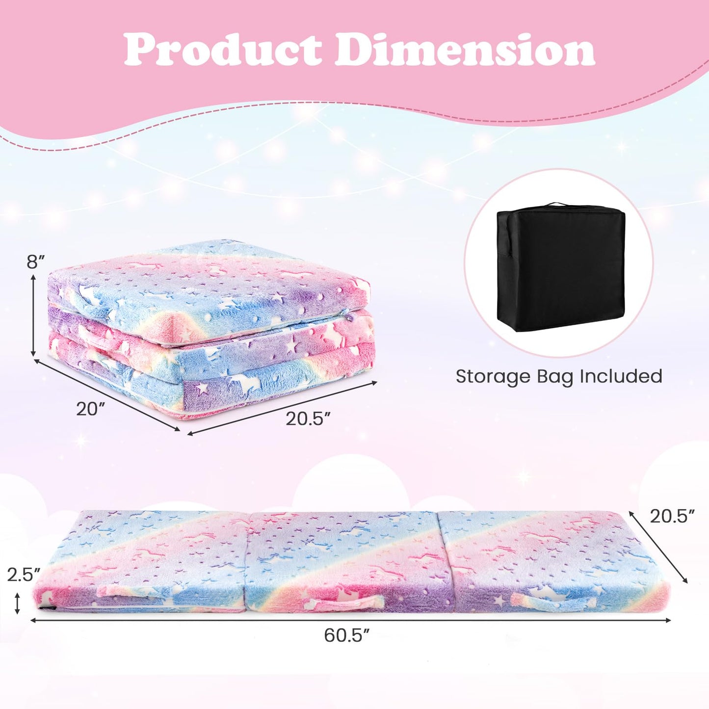 INFANS Foldable Floor Mattress for Kids, Glow in Dark Tri-Folding Nap Mat for Sleeping Daycare, Portable Foam Mattress Floor Futon Bed with Washable Cover, Storage Bag