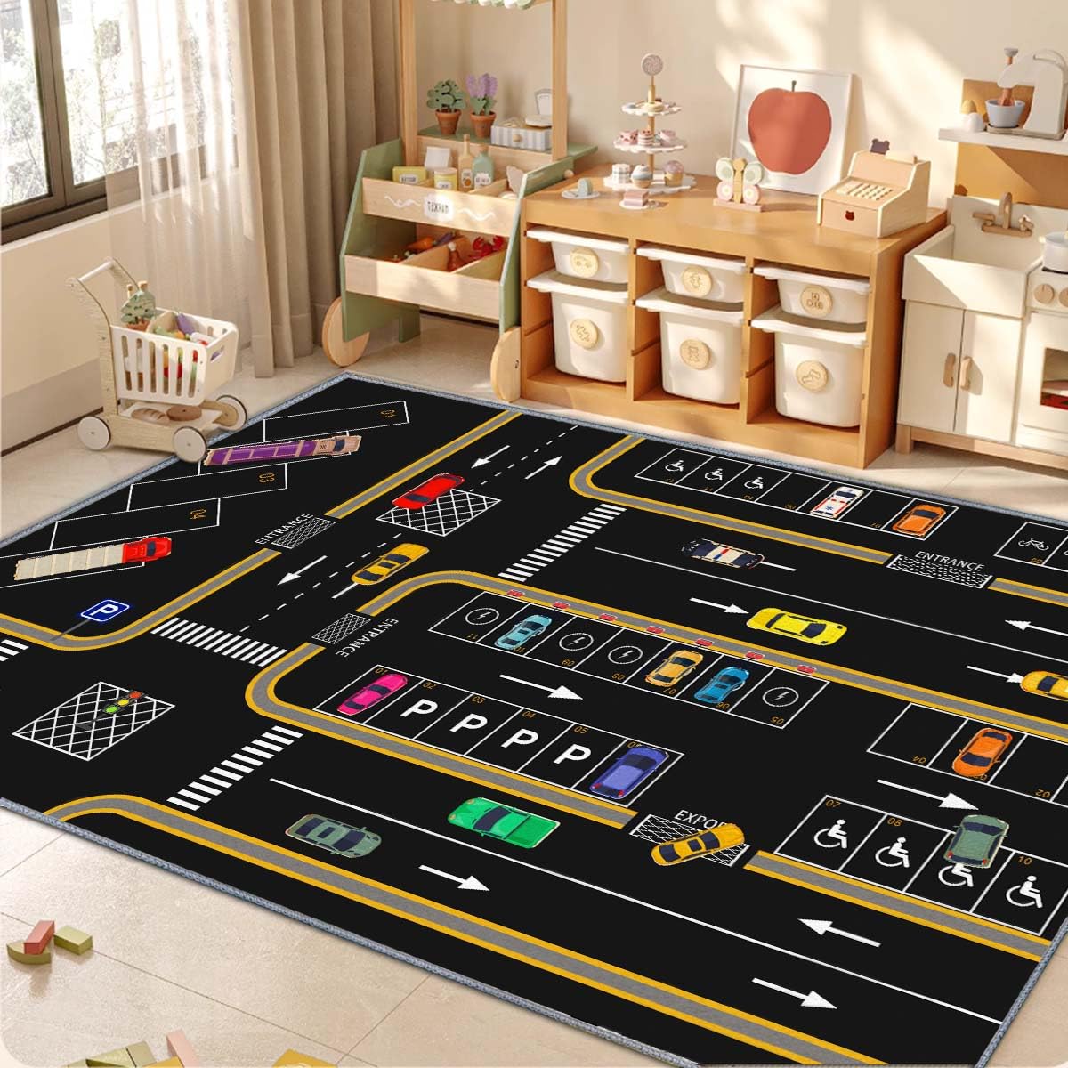 Kids Rug,Children's Room Rug, Fun Car Park Kids Play Mat, Rail City Living Carpet, Washable Non-Slip Children's Carpet (Parking, 31x47in)
