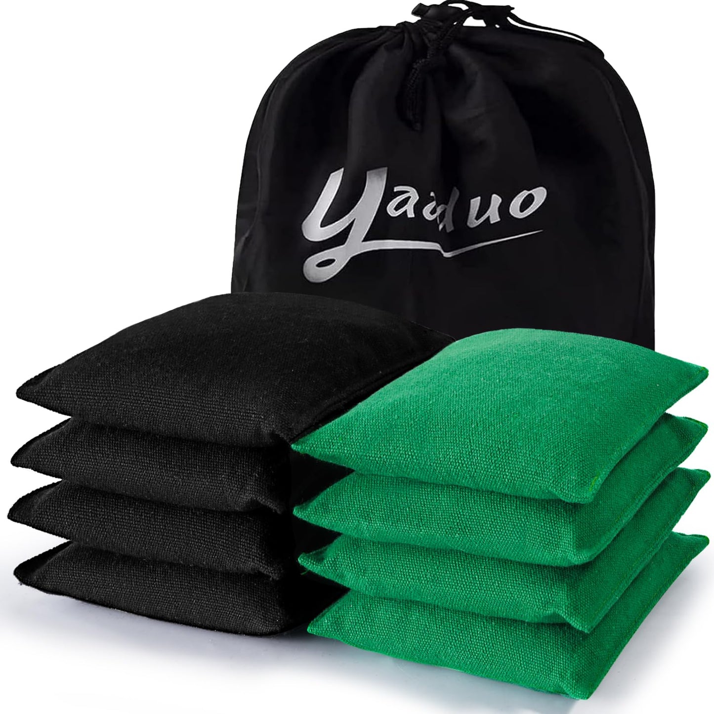 yaaduo Set of 8 Regulation Cornhole Bags Double Sided, Weather Resistant Bean Bags for Cornhole Toss Game, Corn Hole Beans Bags with Tote Bag (Black/Green)