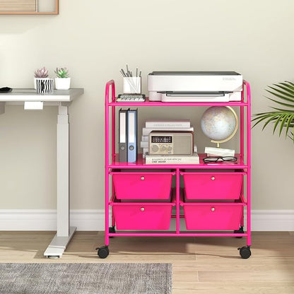 Giantex Rolling Storage Cart w/ 4 Drawers 2 Shelves Metal Rack Shelf Home Office School Beauty Salon Utility Organizer Cart with Wheels, Hot Pink