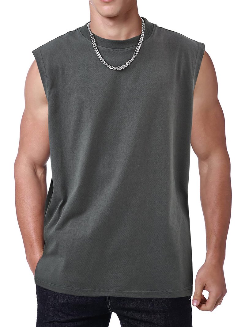 Mens Workout Tank Tops Sleeveless Tee Shirts Men Muscle Shirt Gym Cotton T Shirts Running Beach Loose Fit Tee（XZG,GY,XL A-Grey