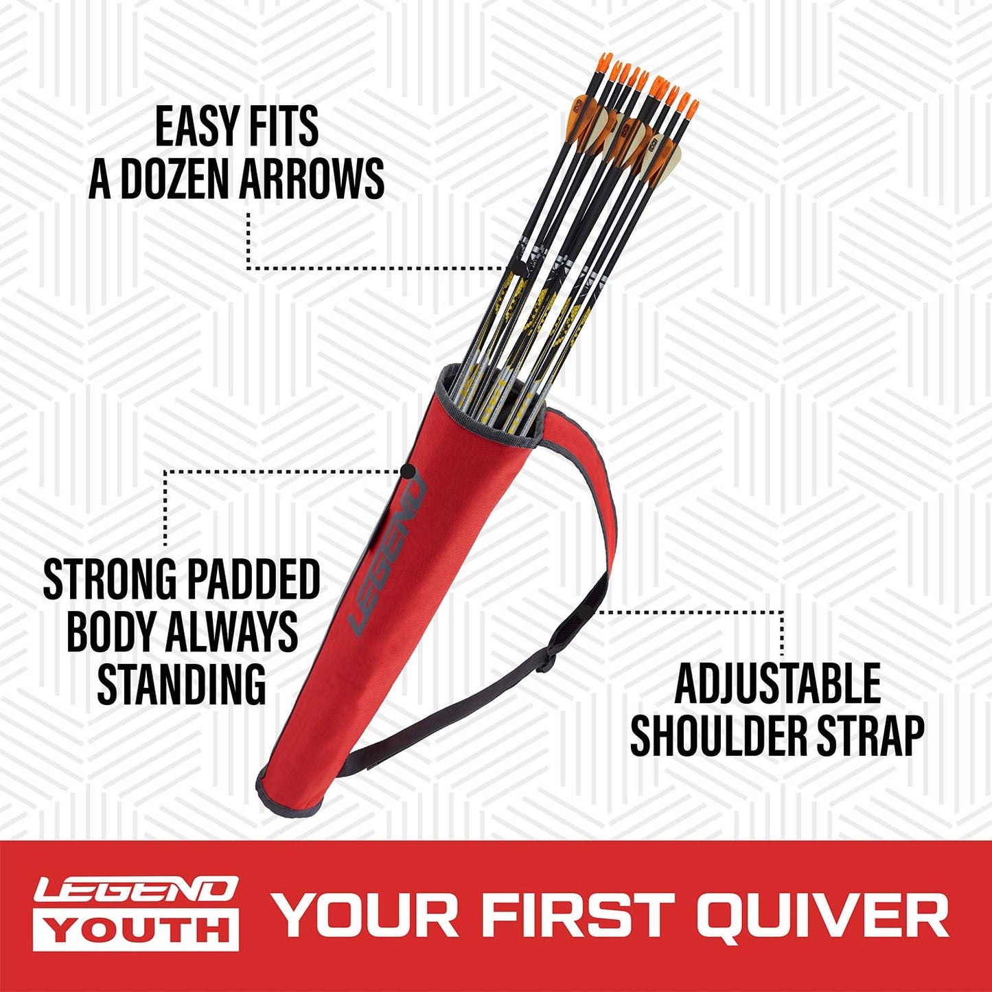 Legend Arrow Quiver for Kids and Adults - 16 Capacity Arrow Case, Back Bow Quiver for Left or Right-Handed Archers with Padded Shoulder Strap for Sling Carry