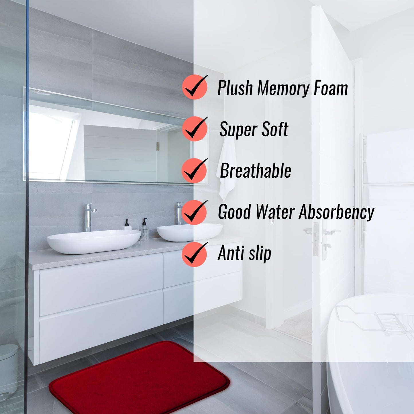Elvoki 5-Piece Memory Foam Bath Mat Set - Non Slip Cushioned Ultra Absorbent Bathroom Floor Rugs - Machine Washable Quick Dry Soft Shower Mat - Burgundy
