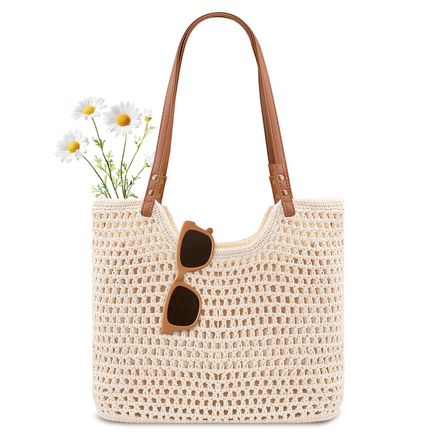 Peicees Crochet Beach Bag Purse, Boho Woven Tote with Leak-Proof Lining For Summer Vacation Travel Casual Shoulder Bag Soft