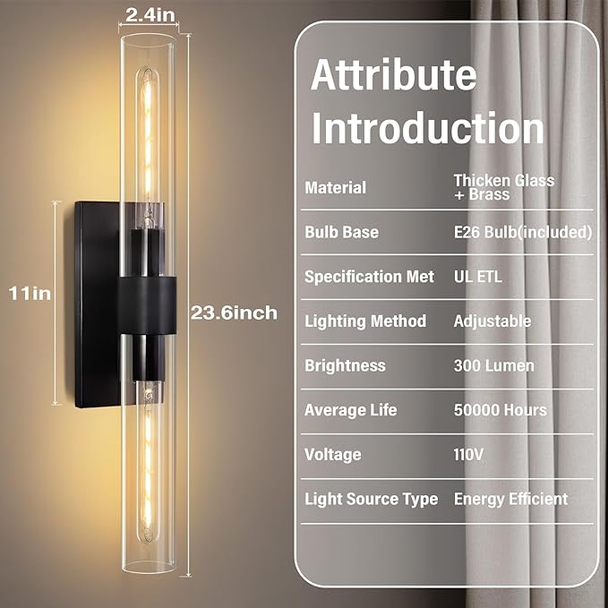 Bathroom Vanity Light Fixtures Wall Sconces, 22.8" Sconces Wall Lighting 2-Light, Black Glass Lamp, Glass Vanity Lights, Indoor Wall Lamps for Bedroom Bedside Living Room Hallway