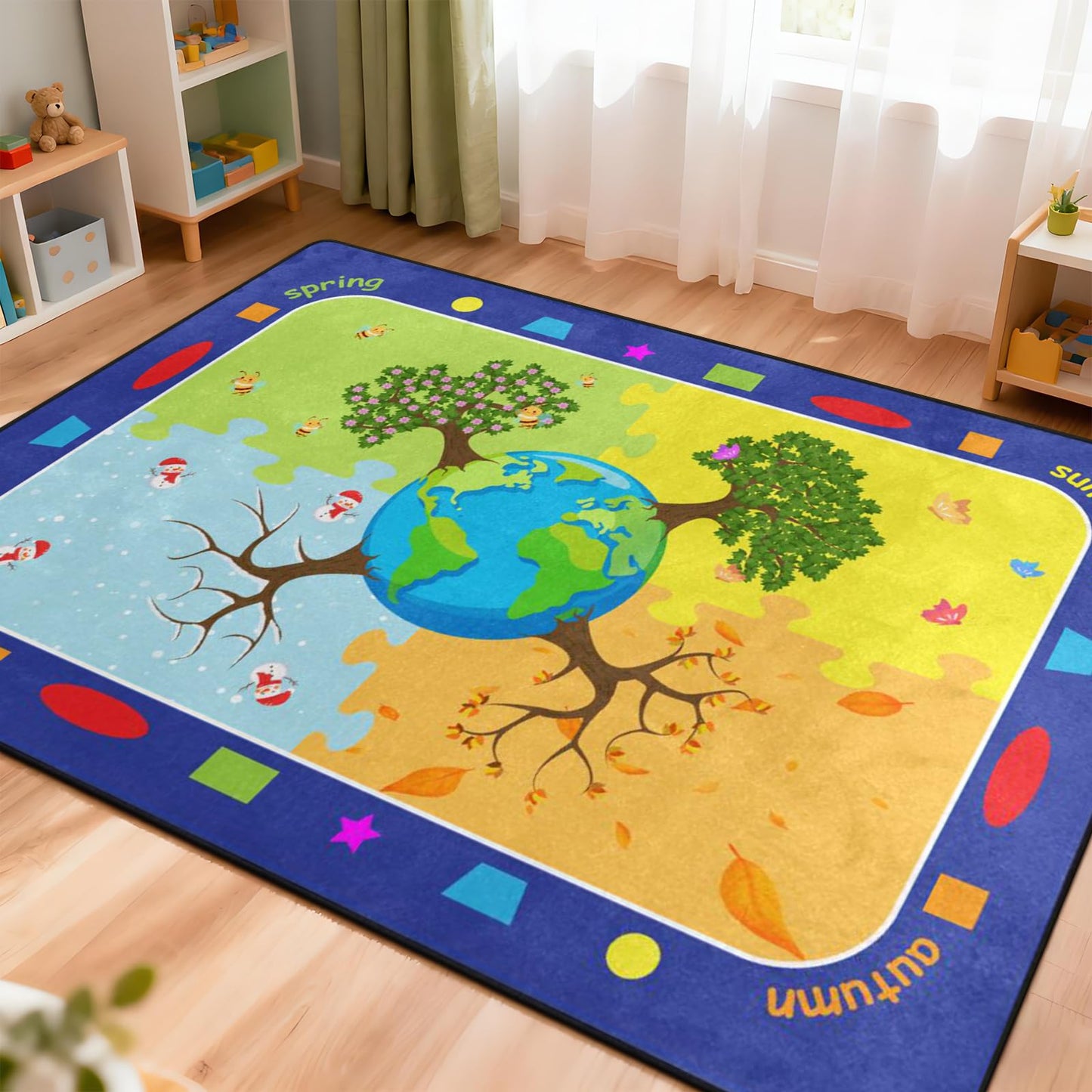 Kids Rugs for Playroom, Trees of the Four Seasons Rugs, Non-Slip Soft Earth&Trees Kids Rug, Earth Day Educational Playmat for Kids Carpet for Preschool Elementary Classroom -5' x 7' Blue