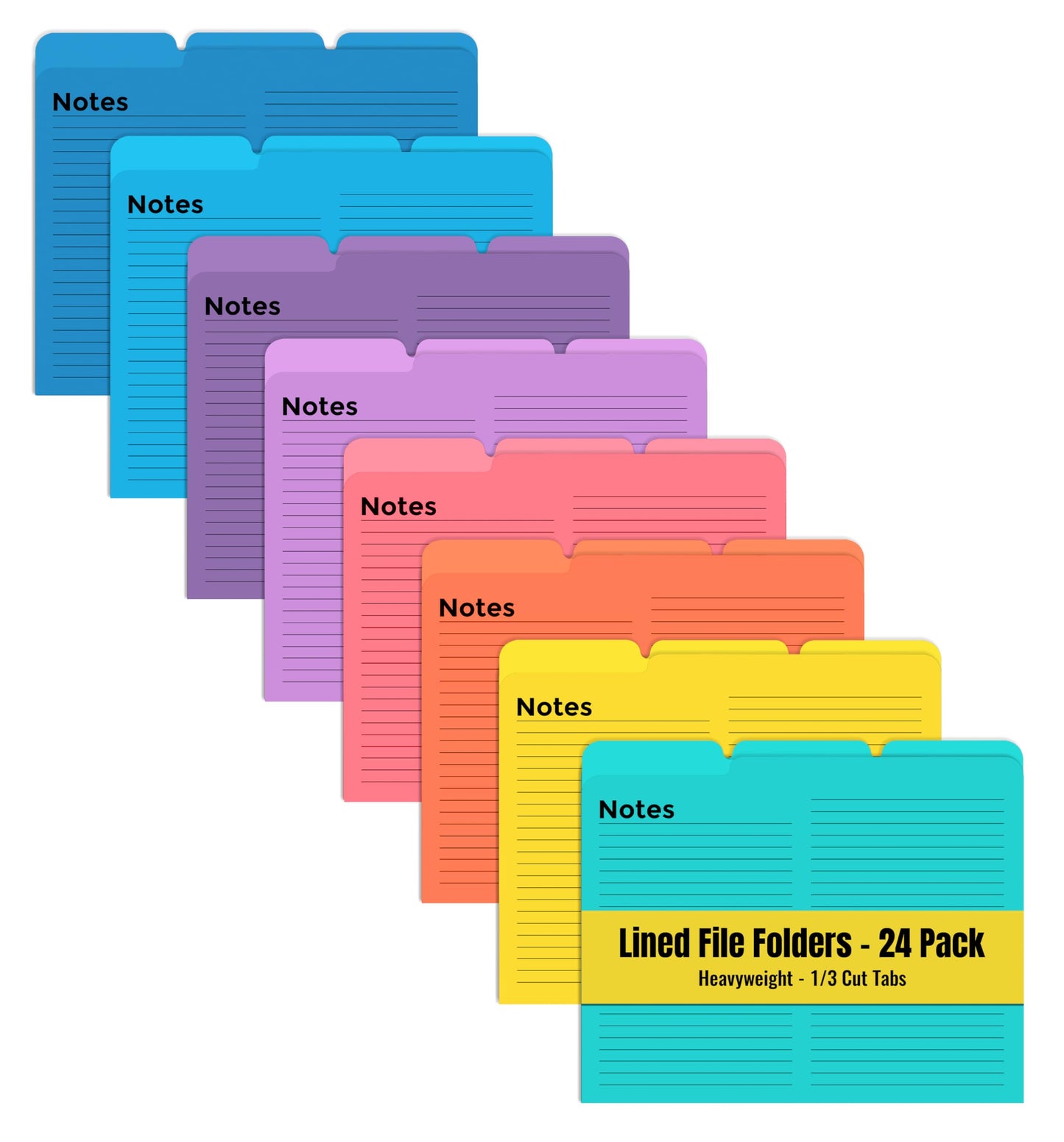 Better Office Products Lined File Folders, 24 Pack, Notes Tabbed File Folders, 1/3 Cut Tabs, 8 Vibrant Colors, Heavyweight, Letter Size Folders, 9.5" x 11.5", Left/Center/Right Set Per Color,