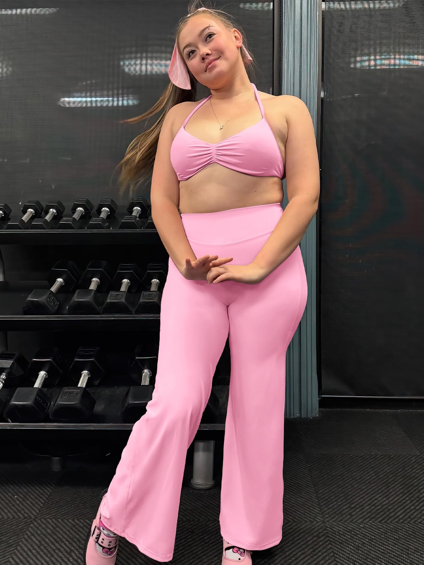 YEOREO Workout Leggings Womens No Front Seam Straight Leggings 29" High Waist Buttery Eddiy Gym Yoga Pants Bubblegum Pink M