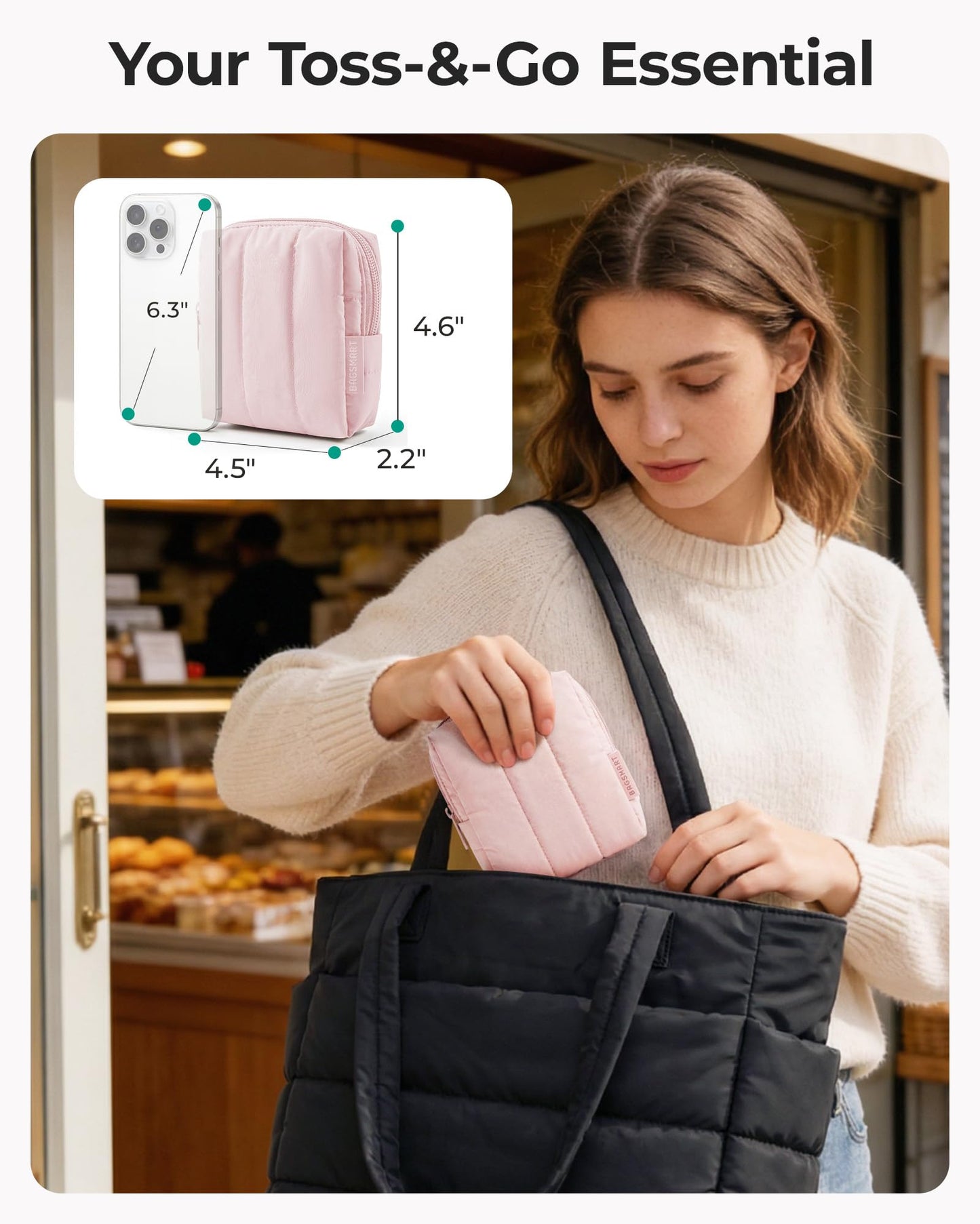 BAGSMART Small Travel Makeup Bag for Purse Toiletry Pouch, Puffy Padded Mini Cosmetics Bag, Cute Make Up Pouch for Women with Slip-in Pocket, Travel Essentials for Toiletries, Black