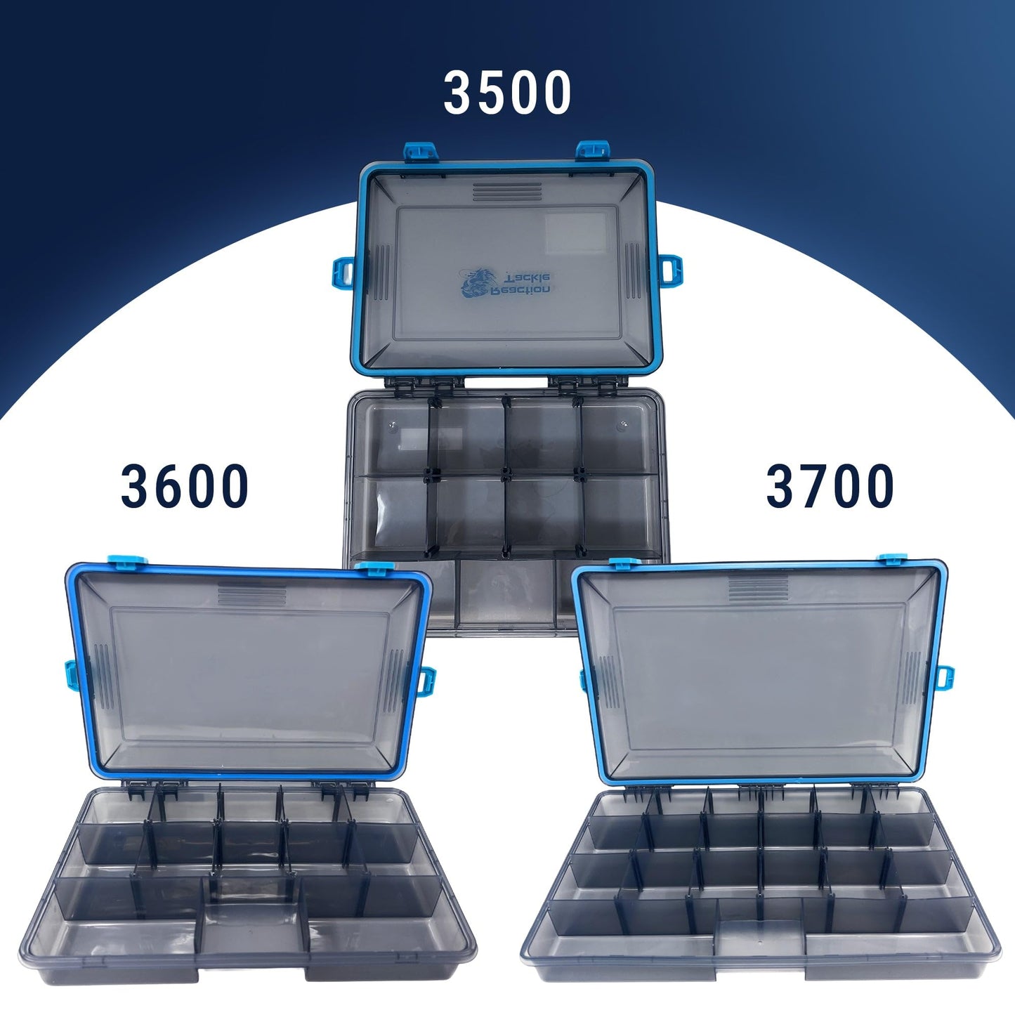 Reaction Tackle Standard Tackle Trays, Plastic Tackle Box Organizers with Four Secure Latches, Removable Dividers and Semi Transparent Lid for Fishing Storage - 3700 (4-Pack)
