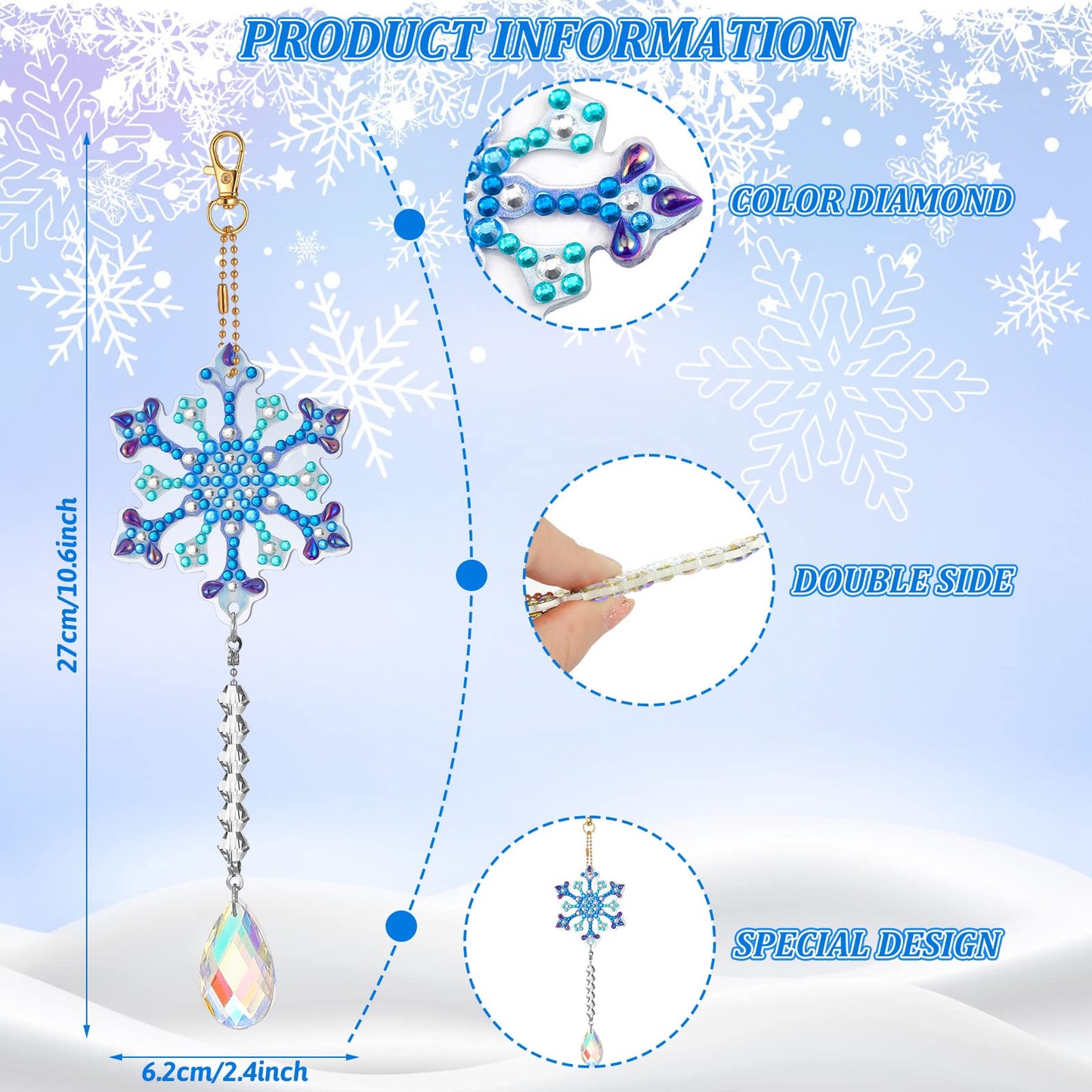 Perthlin 6 Pcs Christmas Snowflake Diamond Art Kits Double Sided Winter Diamond Wind Chimes Art for Window Christmas Tree Decoration Snowflake Suncatchers for DIY Crafts Wonderland Decoration